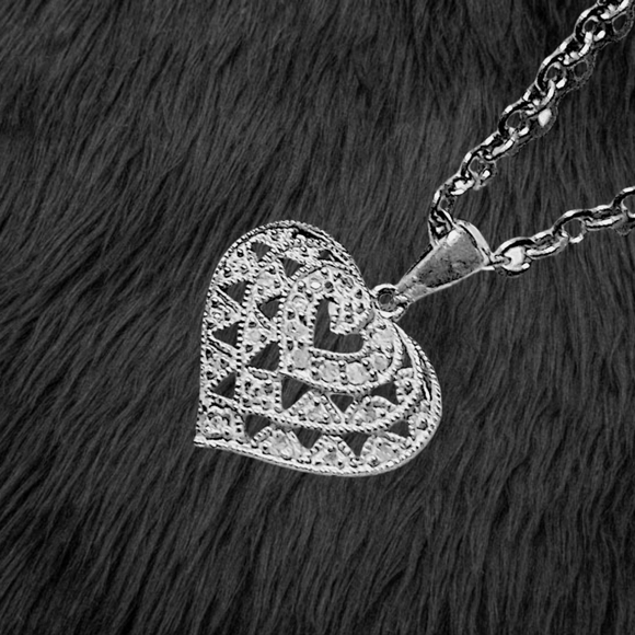 .Sterling Silver Diamond Heart Pendant with Stainless Steel Necklace - Picture 3 of 5